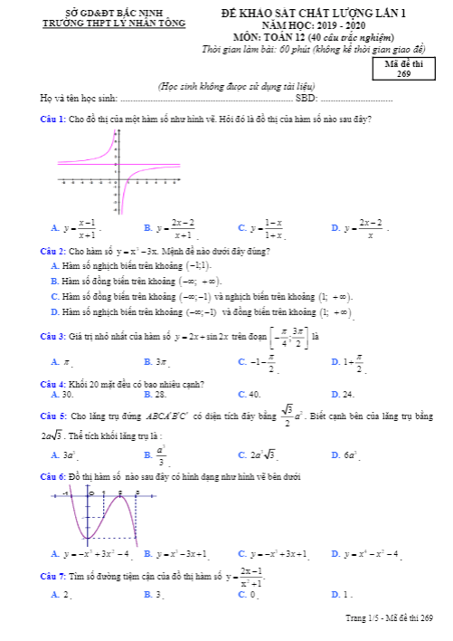 Đề KSCL lần 1 lớp 12 môn Toán năm 2019 2020 trường THPT Lý Nhân Tông Bắc Ninh