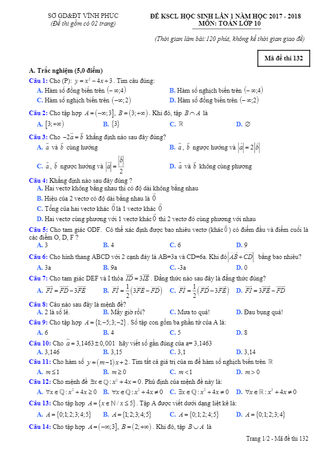 Đề KSCL lần 1 năm học 2017 2018 lớp 10 môn Toán trường THPT Phạm Công Bình Vĩnh Phúc