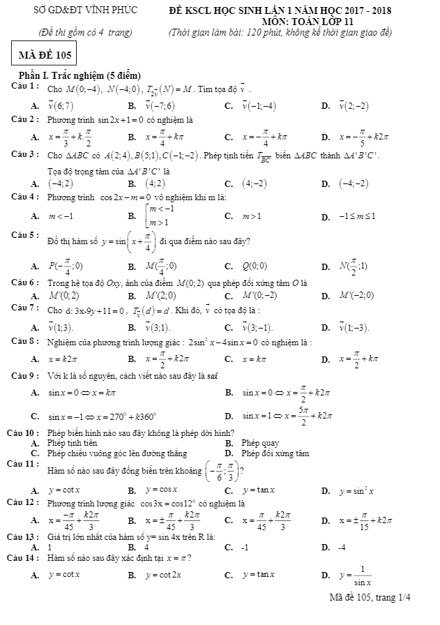 Đề KSCL lần 1 năm học 2017 2018 lớp 11 môn Toán trường THPT Phạm Công Bình Vĩnh Phúc