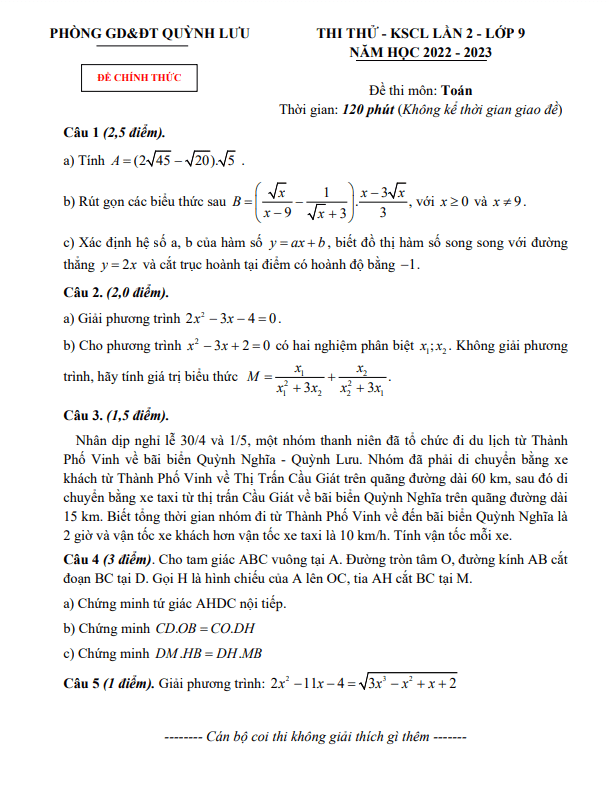 Đề KSCL lần 2 lớp 9 môn Toán năm 2022 2023 phòng GD ĐT Quỳnh Lưu Nghệ An