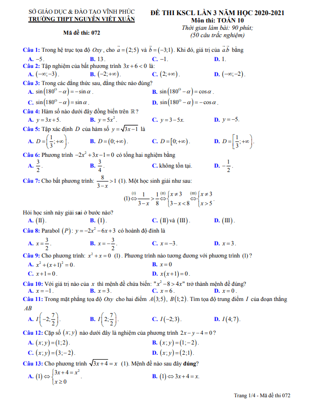 Đề KSCL lần 3 lớp 10 môn Toán năm 2020 2021 trường THPT Nguyễn Viết Xuân Vĩnh Phúc