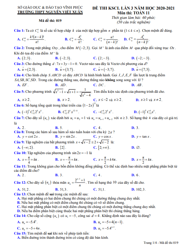 Đề KSCL lần 3 lớp 11 môn Toán năm 2020 2021 trường THPT Nguyễn Viết Xuân Vĩnh Phúc