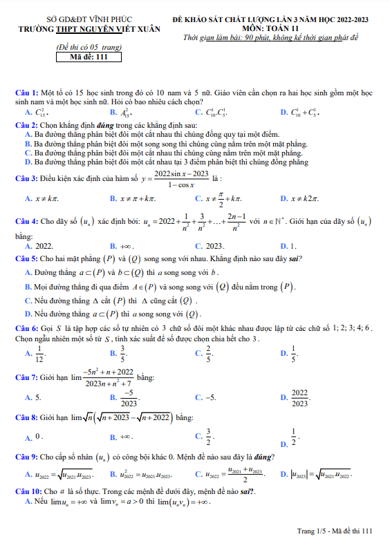 Đề KSCL lần 3 lớp 11 môn Toán năm 2022 2023 trường THPT Nguyễn Viết Xuân Vĩnh Phúc