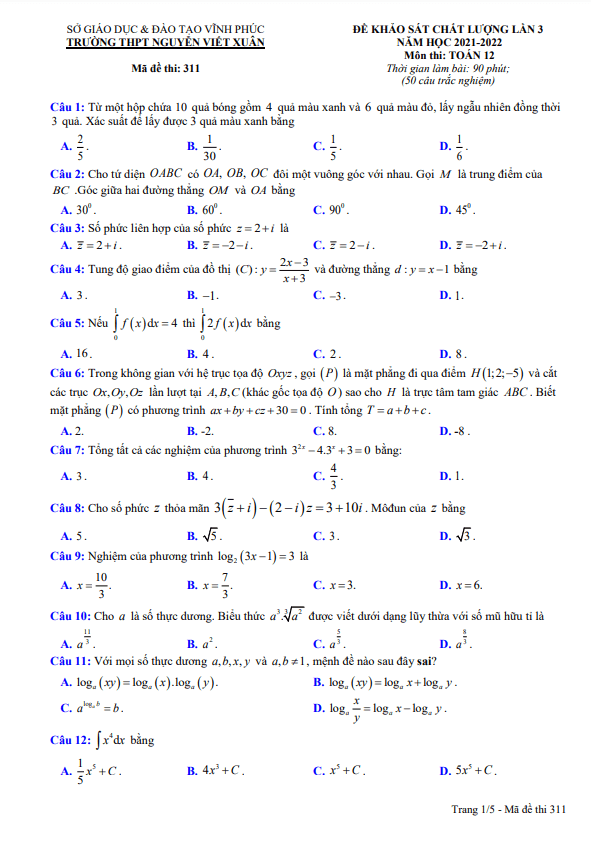 Đề KSCL lần 3 lớp 12 môn Toán năm 2021 2022 trường THPT Nguyễn Viết Xuân Vĩnh Phúc