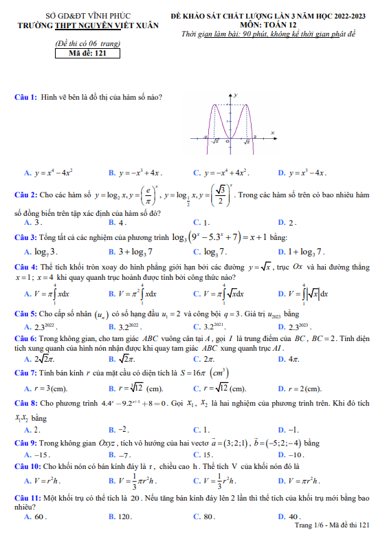 Đề KSCL lần 3 lớp 12 môn Toán năm 2022 2023 trường THPT Nguyễn Viết Xuân Vĩnh Phúc