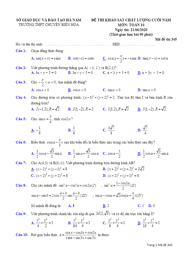 Đề KSCL lớp 10 môn Toán cuối năm học 2019 2020 trường chuyên Biên Hòa Hà Nam