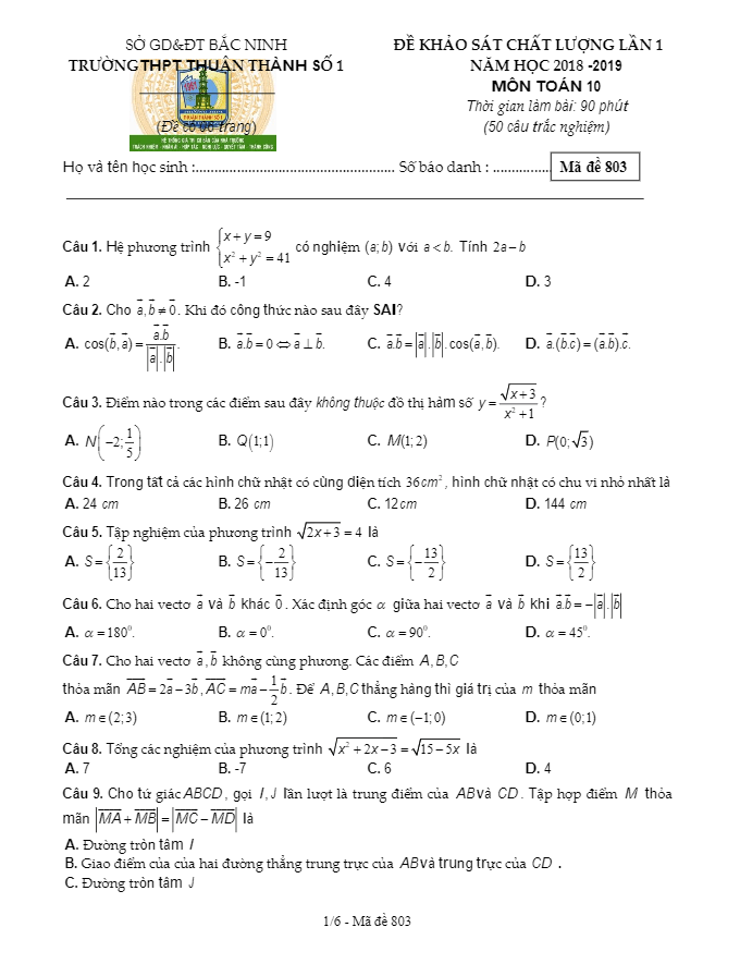 Đề KSCL lớp 10 môn Toán lần 1 năm 2018 2019 trường Thuận Thành 1 Bắc Ninh