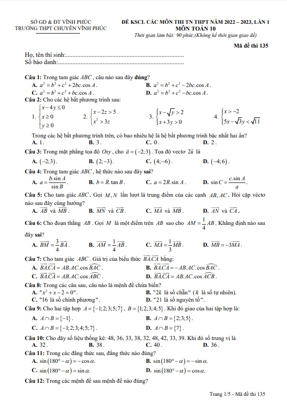 Đề KSCL lớp 10 môn Toán lần 1 năm 2022 2023 trường THPT chuyên Vĩnh Phúc