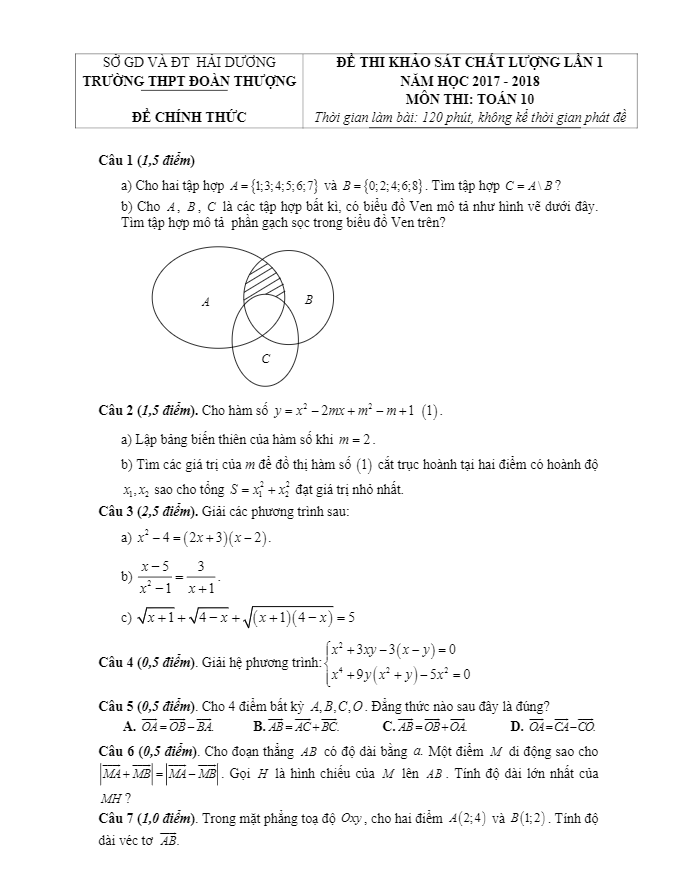 Đề KSCL lớp 10 môn Toán lần 1 năm học 2017 2018 trường THPT Đoàn Thượng Hải Dương