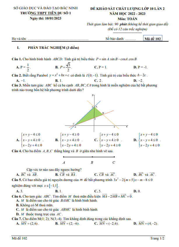 Đề KSCL lớp 10 môn Toán lần 2 năm 2022 2023 trường THPT Tiên Du 1 Bắc Ninh
