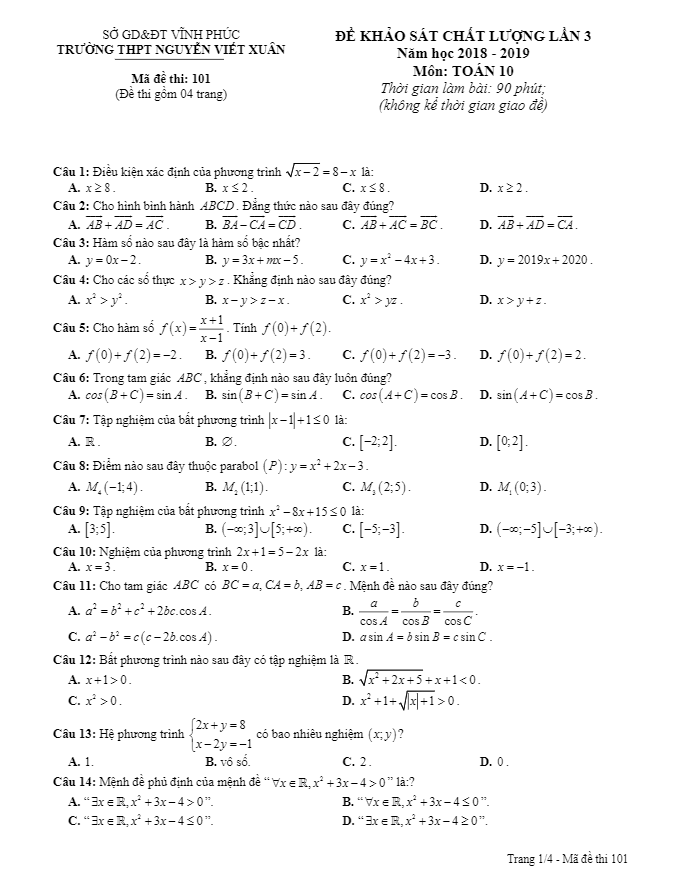 Đề KSCL lớp 10 môn Toán lần 3 năm 2018 2019 trường Nguyễn Viết Xuân Vĩnh Phúc
