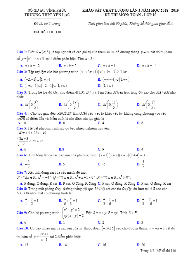 Đề KSCL lớp 10 môn Toán lần 3 năm 2018 2019 trường THPT Yên Lạc Vĩnh Phúc