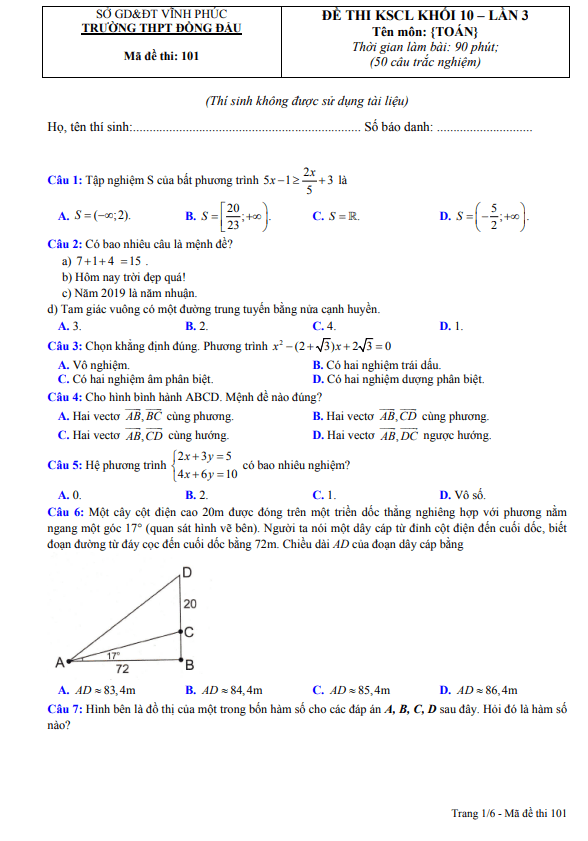 Đề KSCL lớp 10 môn Toán lần 3 năm 2020 2021 trường THPT Đồng Đậu Vĩnh Phúc