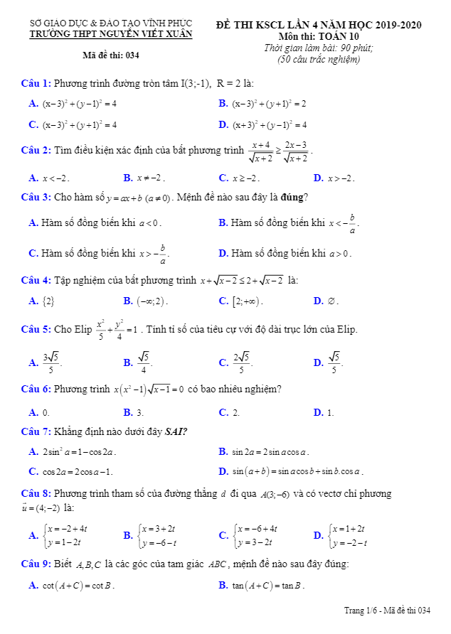 Đề KSCL lớp 10 môn Toán lần 4 năm 2019 2020 trường THPT Nguyễn Viết Xuân Vĩnh Phúc