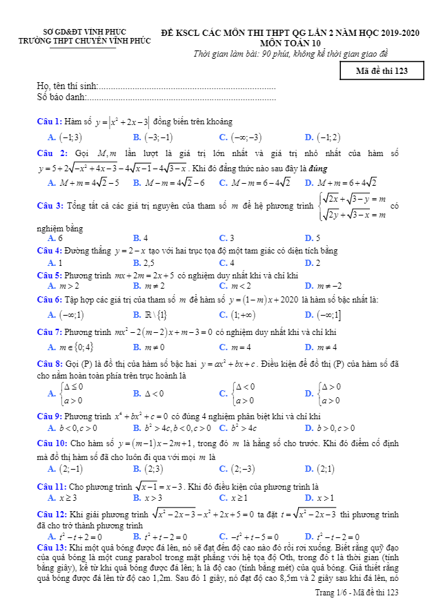 Đề KSCL lớp 10 môn Toán thi THPT QG 2020 lần 2 trường THPT chuyên Vĩnh Phúc