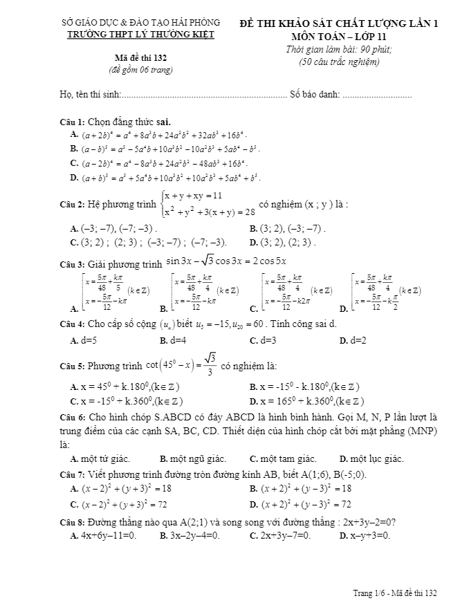 Đề KSCL lớp 11 môn Toán lần 1 trường THPT Lý Thường Kiệt Hải Phòng