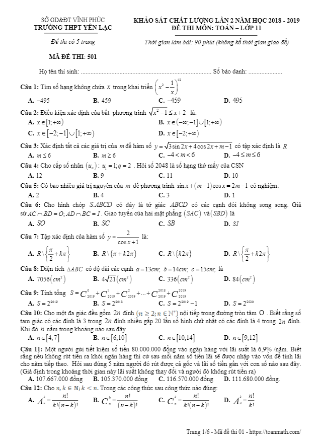 Đề KSCL lớp 11 môn Toán lần 2 năm 2018 2019 trường THPT Yên Lạc Vĩnh Phúc