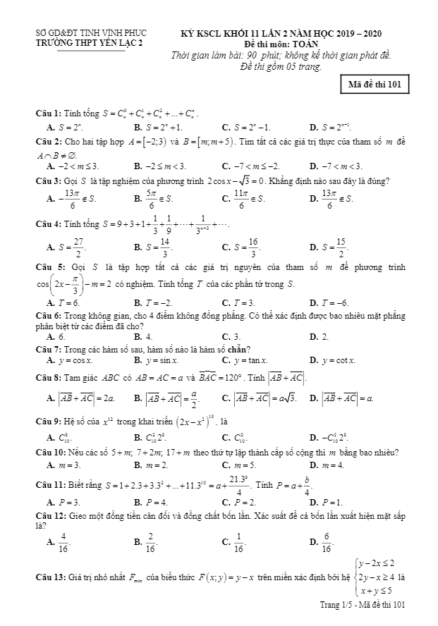 Đề KSCL lớp 11 môn Toán lần 2 năm 2019 – 2020 trường THPT Yên Lạc 2 – Vĩnh Phúc