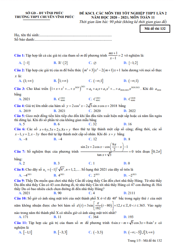 Đề KSCL lớp 11 môn Toán lần 2 năm 2020 2021 trường THPT chuyên Vĩnh Phúc