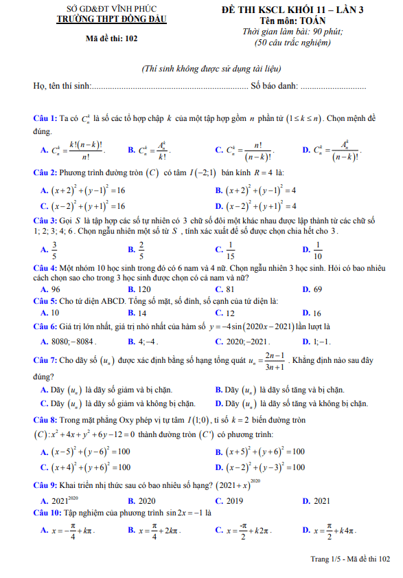 Đề KSCL lớp 11 môn Toán lần 3 năm 2020 2021 trường THPT Đồng Đậu Vĩnh Phúc
