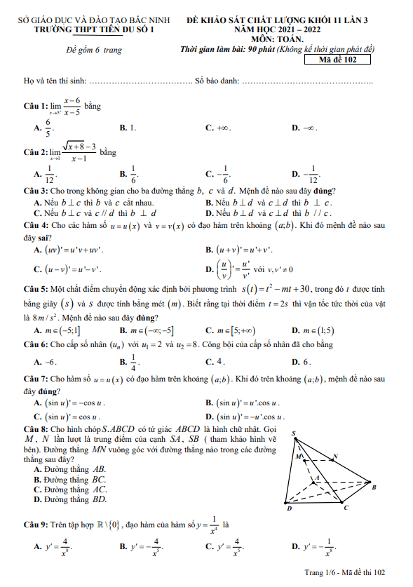 Đề KSCL lớp 11 môn Toán lần 3 năm 2021 2022 trường THPT Tiên Du 1 Bắc Ninh