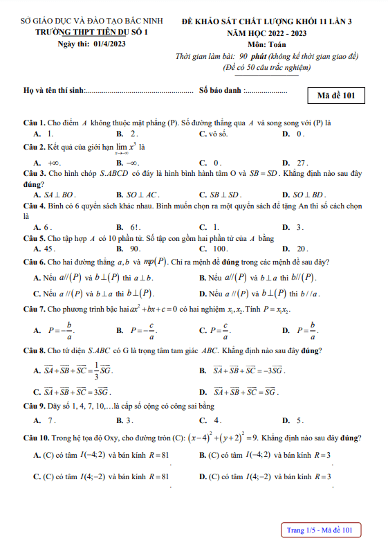 Đề KSCL lớp 11 môn Toán lần 3 năm 2022 2023 trường THPT Tiên Du 1 Bắc Ninh