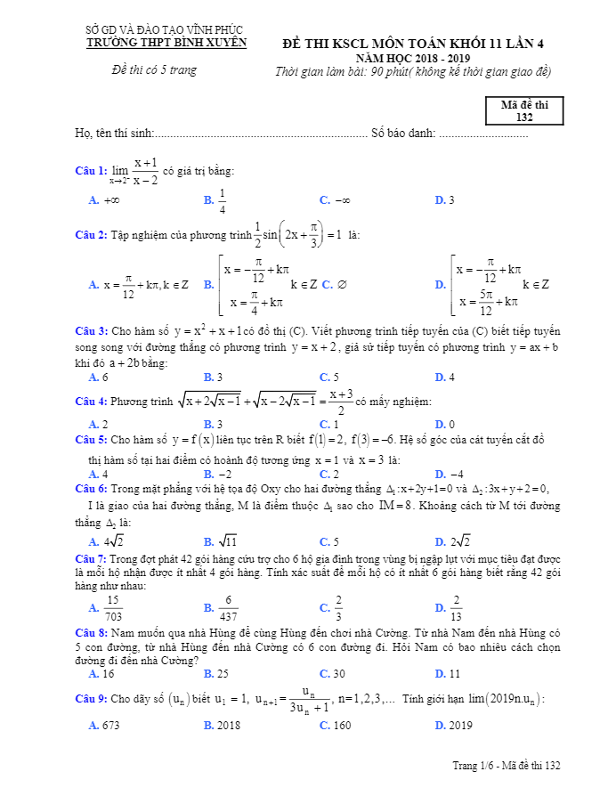 Đề KSCL lớp 11 môn Toán lần 4 năm 2018 2019 trường THPT Bình Xuyên Vĩnh Phúc