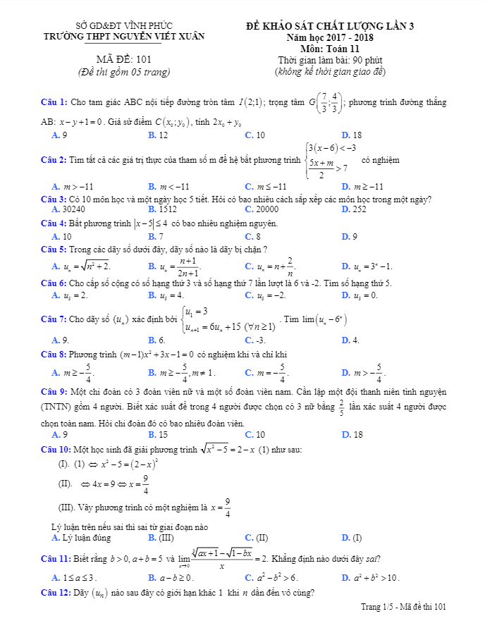 Đề KSCL lớp 11 môn Toán năm 2017 2018 trường Nguyễn Viết Xuân Vĩnh Phúc lần 3
