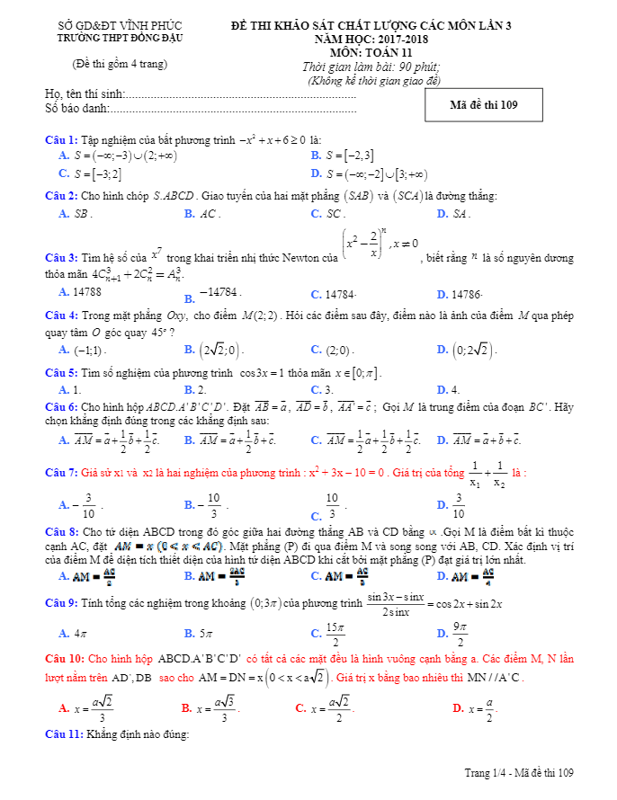 Đề KSCL lớp 11 môn Toán năm học 2017 2018 trường THPT Đồng Đậu Vĩnh Phúc lần 3