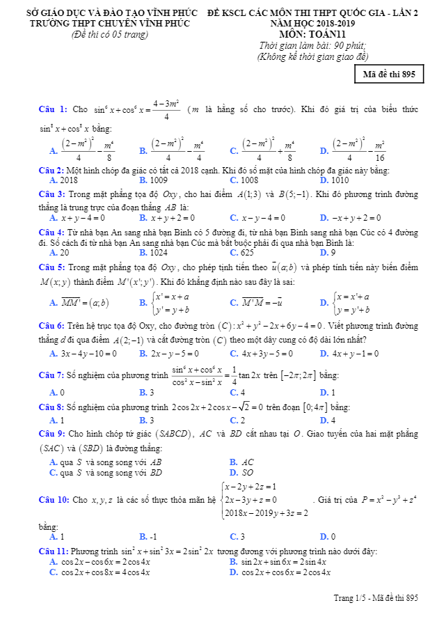 Đề KSCL lớp 11 môn Toán ôn thi THPTQG năm 2018 2019 trường chuyên Vĩnh Phúc lần 2