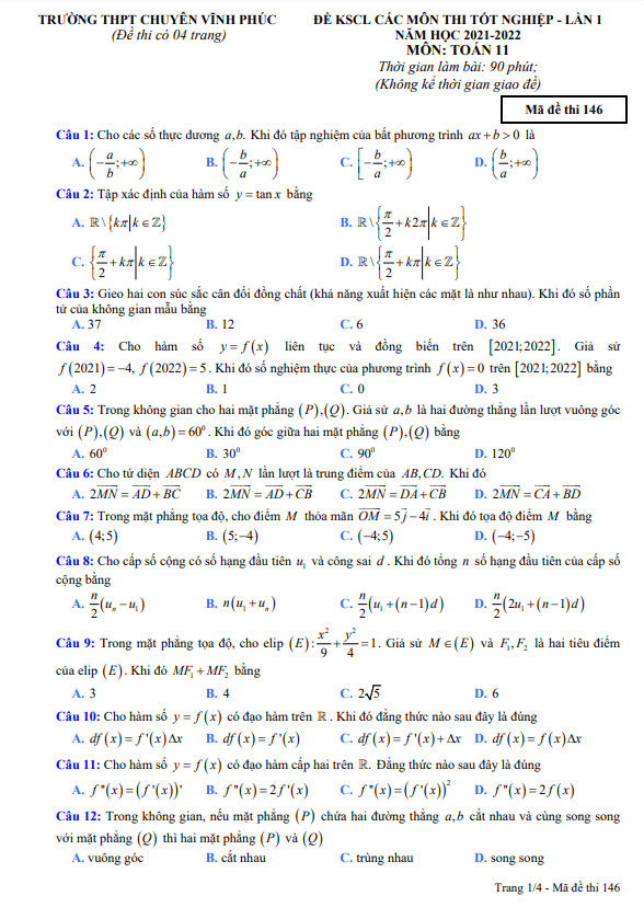 Đề KSCL lớp 11 môn Toán thi tốt nghiệp THPT 2022 lần 1 trường THPT chuyên Vĩnh Phúc