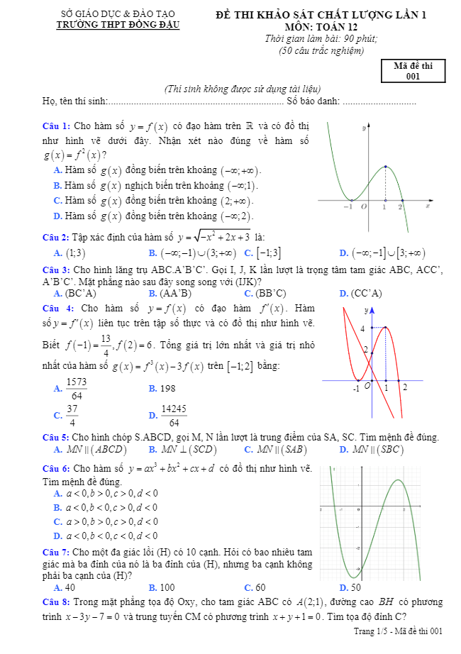 Đề KSCL lớp 12 môn Toán lần 1 năm 2018 2019 trường THPT Đồng Đậu Vĩnh Phúc
