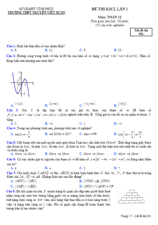 Đề KSCL lớp 12 môn Toán lần 1 năm 2019 2020 trường Nguyễn Viết Xuân Vĩnh Phúc