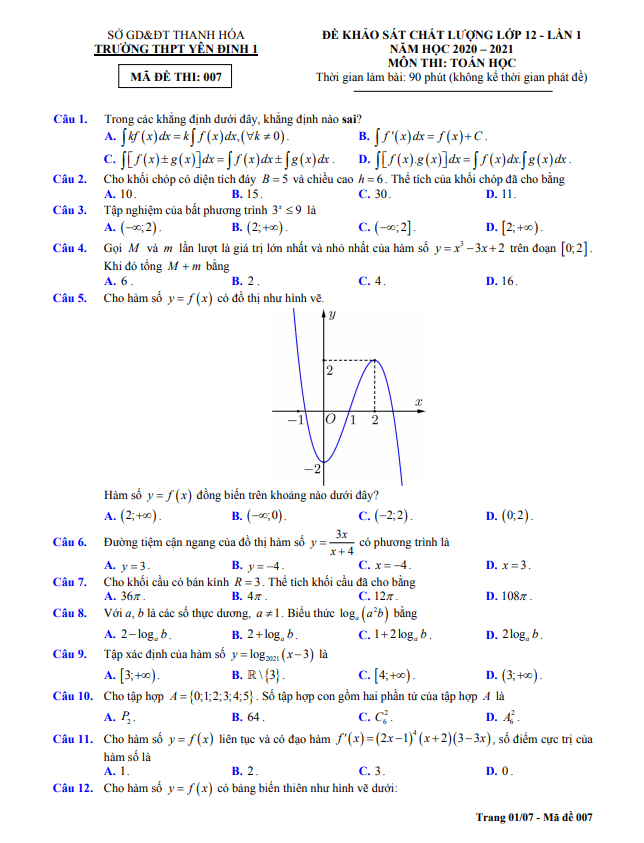 Đề KSCL lớp 12 môn Toán lần 1 năm 2020 2021 trường Yên Định 1 Thanh Hóa