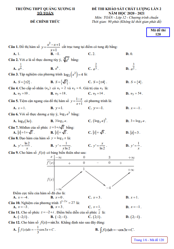 Đề KSCL lớp 12 môn Toán lần 2 năm 2020 2021 trường Quảng Xương 2 Thanh Hóa