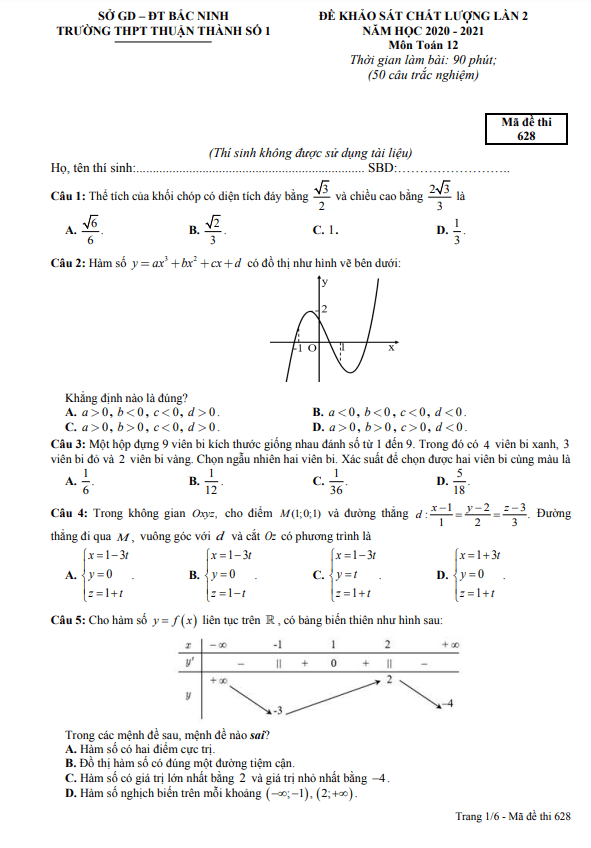 Đề KSCL lớp 12 môn Toán lần 2 năm 2020 2021 trường THPT Thuận Thành 1 Bắc Ninh
