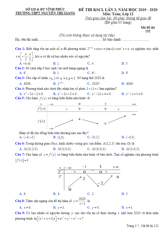 Đề KSCL lớp 12 môn Toán lần 3 năm 2019 2020 trường Nguyễn Thị Giang Vĩnh Phúc