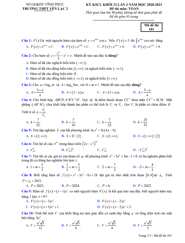 Đề KSCL lớp 12 môn Toán lần 3 năm 2020 2021 trường THPT Yên Lạc 2 Vĩnh Phúc