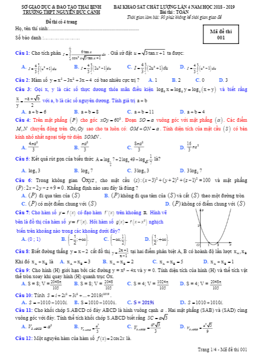 Đề KSCL lớp 12 môn Toán lần 4 năm 2018 2019 trường Nguyễn Đức Cảnh Thái Bình