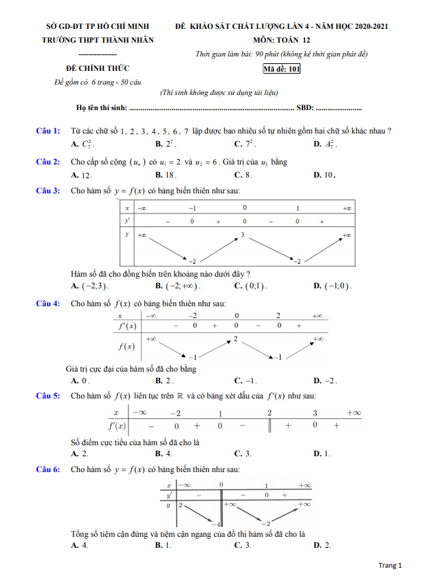 Đề KSCL lớp 12 môn Toán lần 4 năm 2020 2021 trường THPT Thành Nhân TP HCM