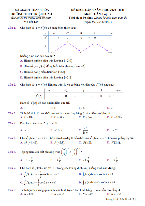 Đề KSCL lớp 12 môn Toán lần 4 năm 2020 2021 trường THPT Triệu Sơn 4 Thanh Hóa