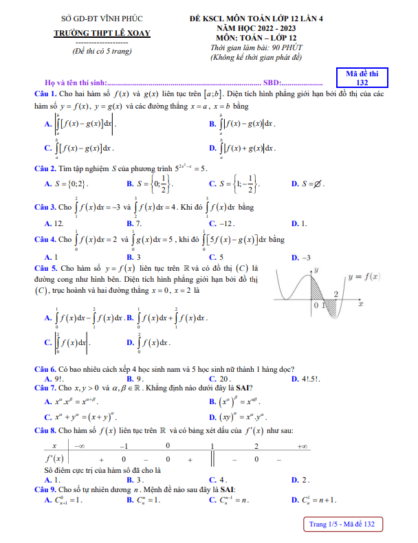 Đề KSCL lớp 12 môn Toán lần 4 năm 2022 2023 trường THPT Lê Xoay Vĩnh Phúc