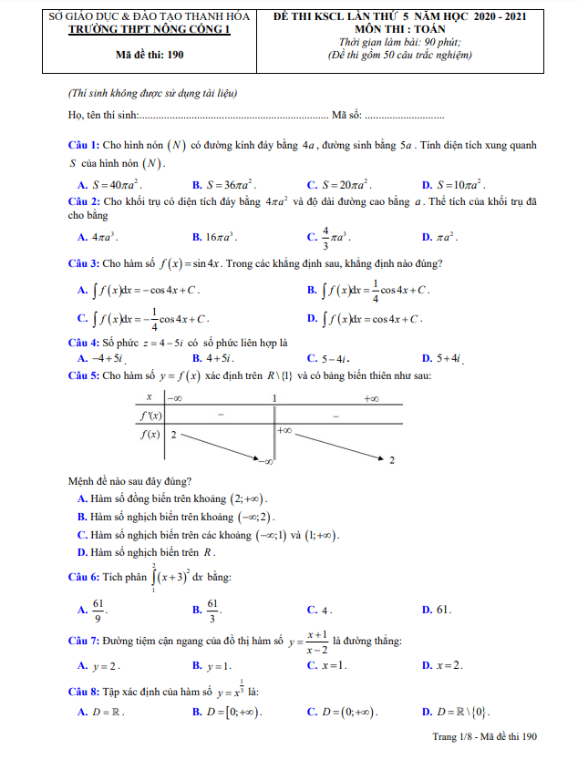 Đề KSCL lớp 12 môn Toán lần 5 năm 2020 2021 trường Nông Cống 1 Thanh Hóa