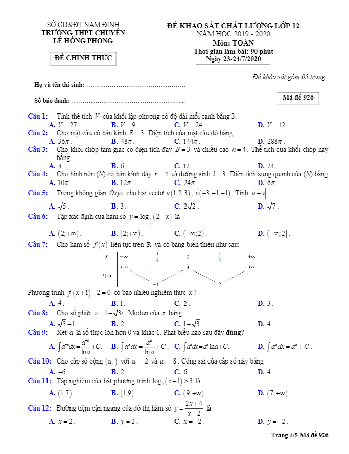 Đề KSCL lớp 12 môn Toán năm 2019 2020 trường THPT chuyên Lê Hồng Phong Nam Định