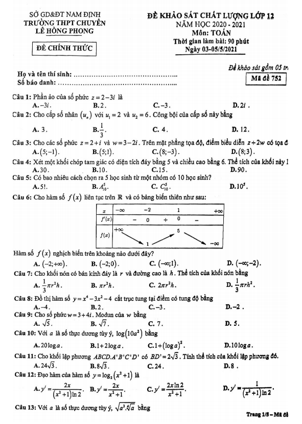 Đề KSCL lớp 12 môn Toán năm 2020 2021 trường chuyên Lê Hồng Phong Nam Định