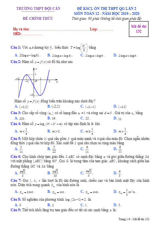 Đề KSCL lớp 12 môn Toán ôn thi THPTQG 2020 lần 2 trường THPT Đội Cấn Vĩnh Phúc