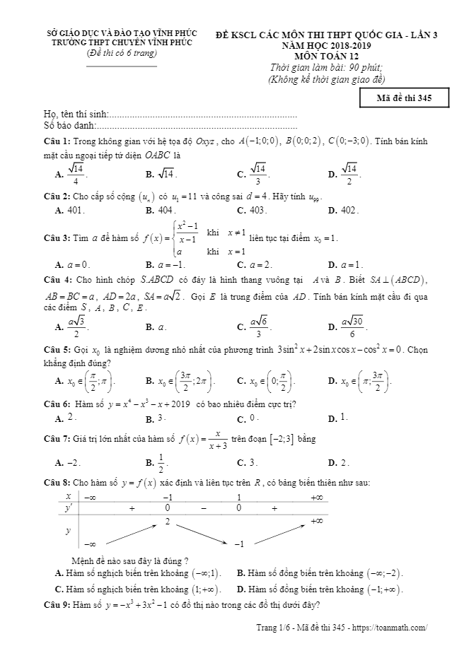 Đề KSCL lớp 12 môn Toán ôn thi THPTQG năm 2018 2019 trường chuyên Vĩnh Phúc lần 3