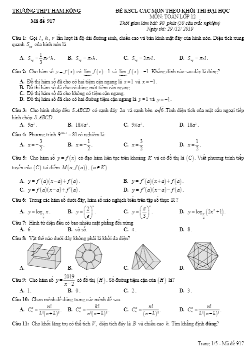 Đề KSCL lớp 12 môn Toán thi Đại học năm 2019 2020 trường Hàm Rồng Thanh Hóa