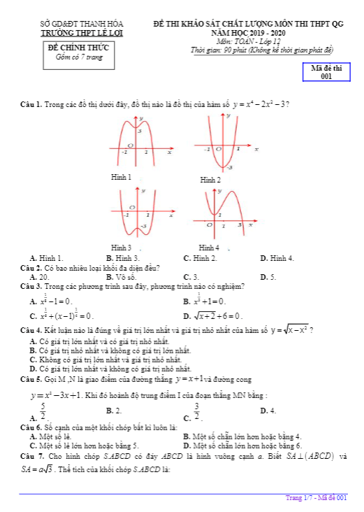 Đề KSCL lớp 12 môn Toán thi THPT QG 2020 trường THPT Lê Lợi Thanh Hóa