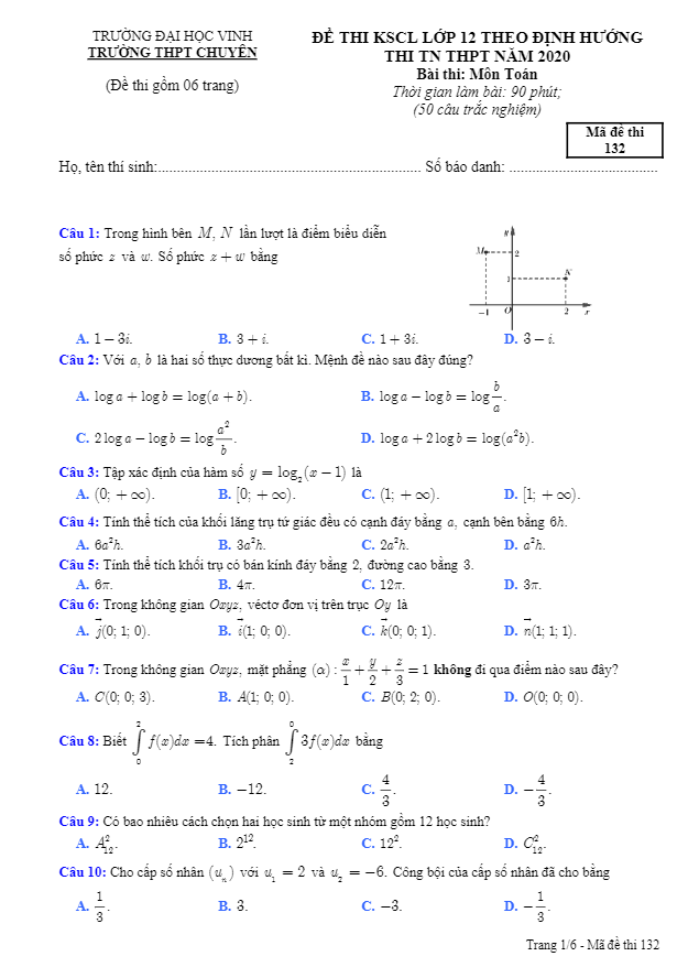 Đề KSCL lớp 12 môn Toán thi TN THPT 2020 trường THPT chuyên Đại học Vinh Nghệ An